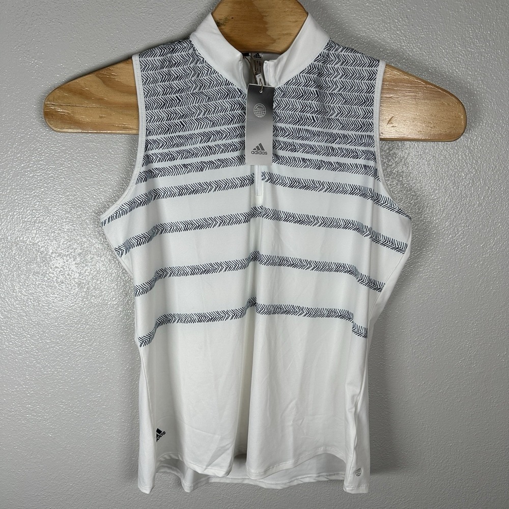 NEW Adidas Golf Polo Shirt Sleeveless Size XL White Blue Stripe 1/4 Zip Athletic